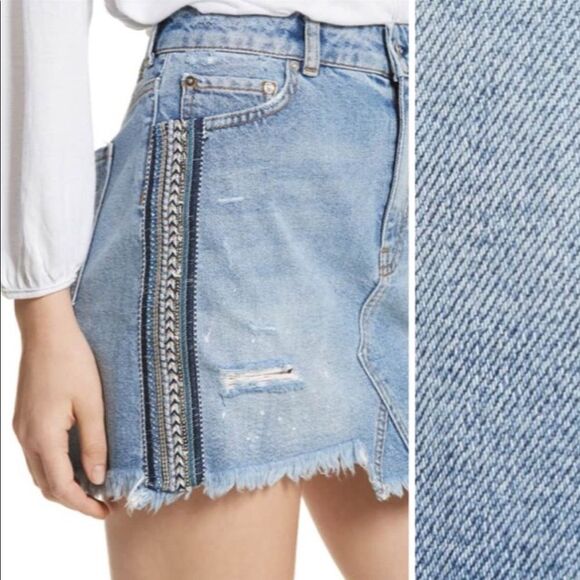 Free People Silver Pearl Crystal Side Stripe Embellished Denim Jean Mini Skirt 2 - Picture 3 of 8